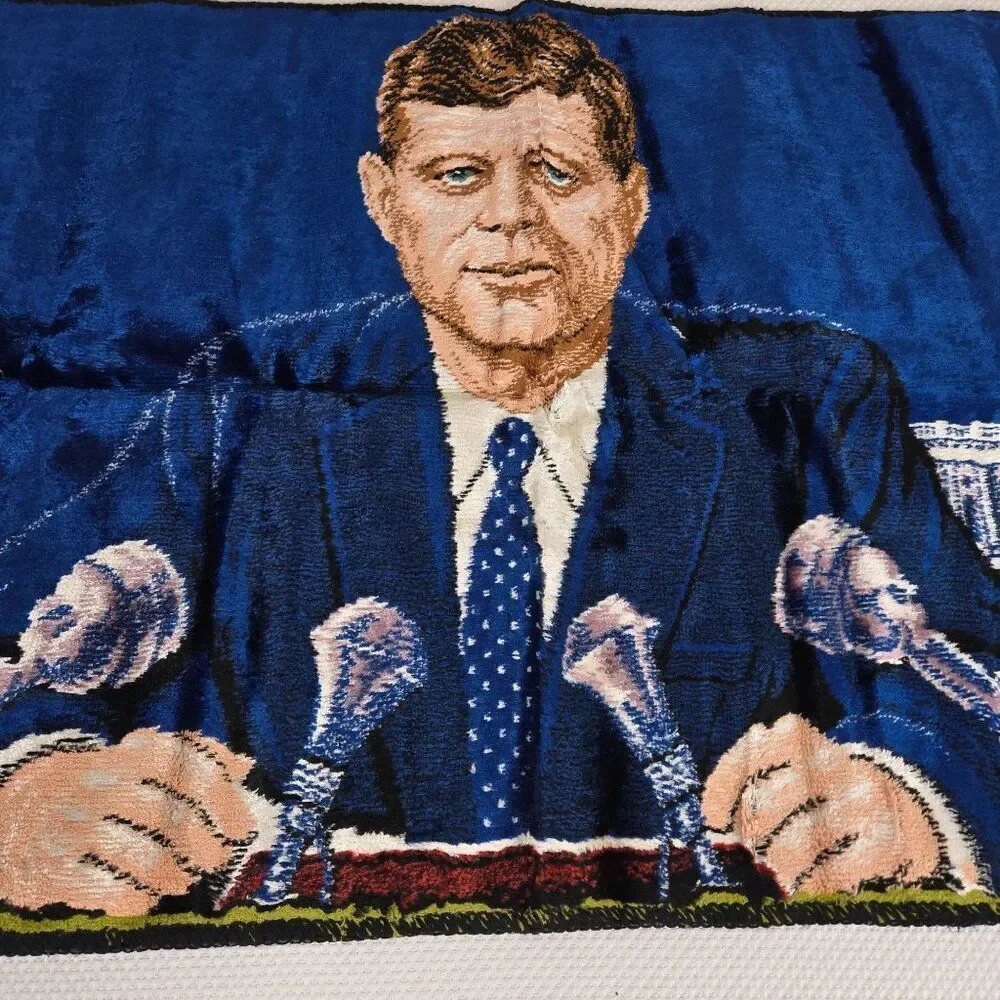 Vintage 1965 JFK Tapestry Wall Hanging 38x20 Inches Capitol Flag Made In Italy